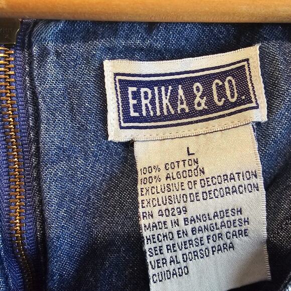 Vintage Erika & Co Denim Dress Women Lg 90s Maxi Blue Floral Cottage Granny - Picture 11 of 12